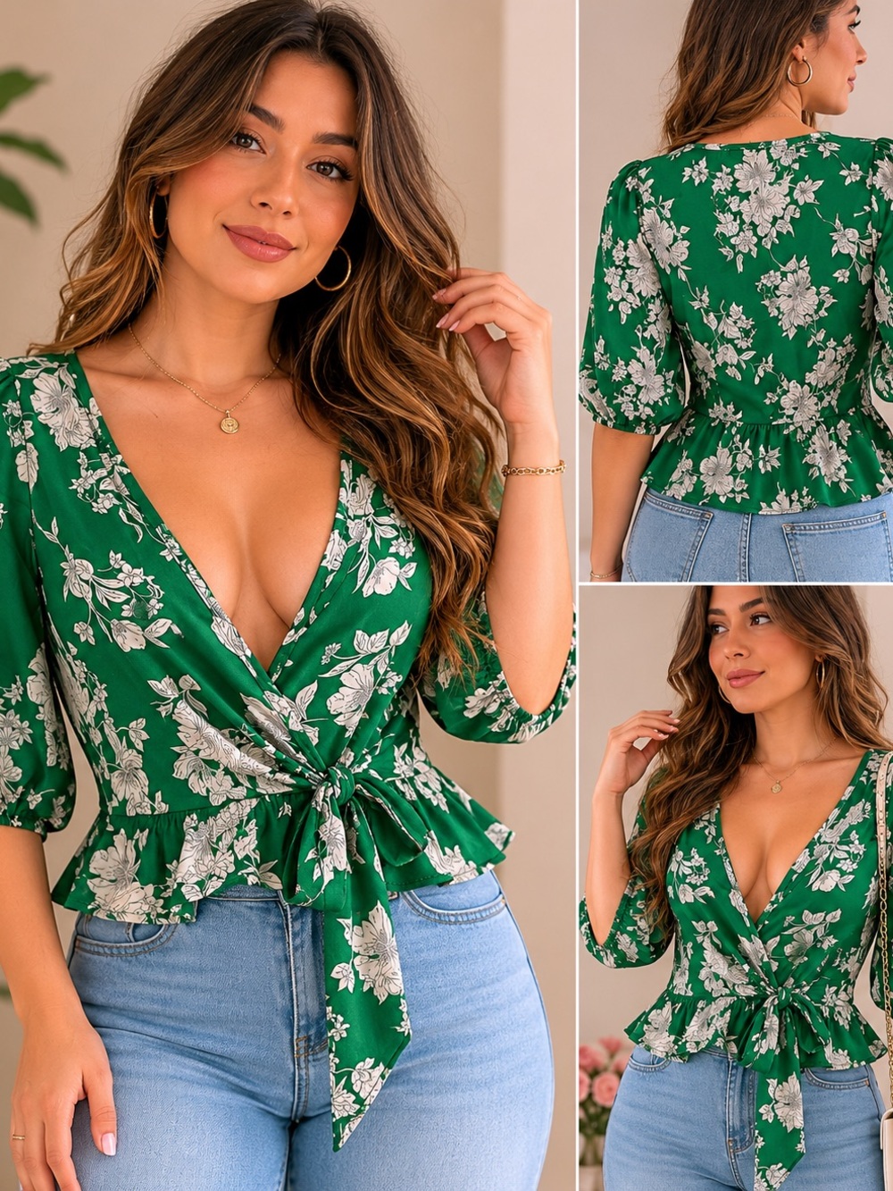 Primark Green Floral Tie-Front Blouse. V-52